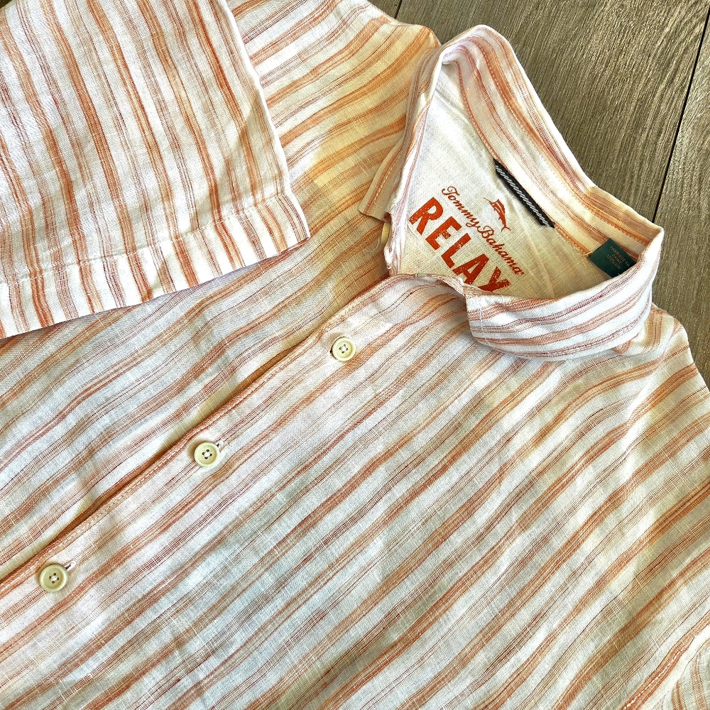 TOMMY BAHAMA Relax Linen Short Sleeve Button Shirt Orange Stripe Size Mens XL